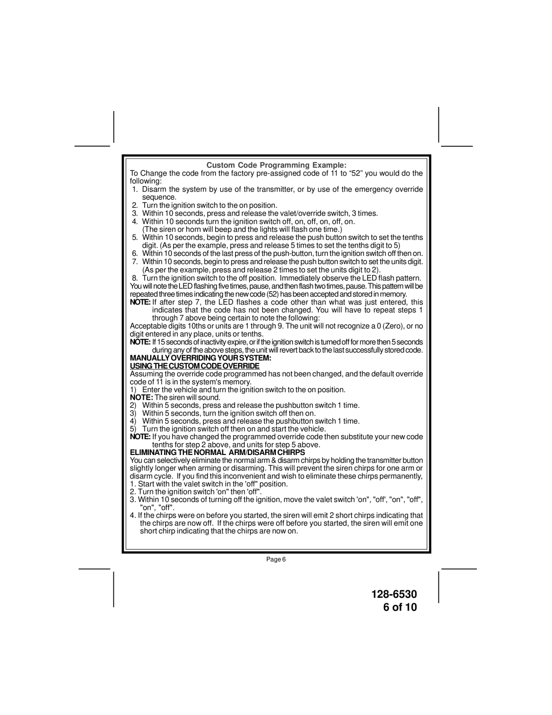 Audiovox APS-786 owner manual Custom Code Programming Example, Eliminating the Normal ARM/DISARM Chirps 