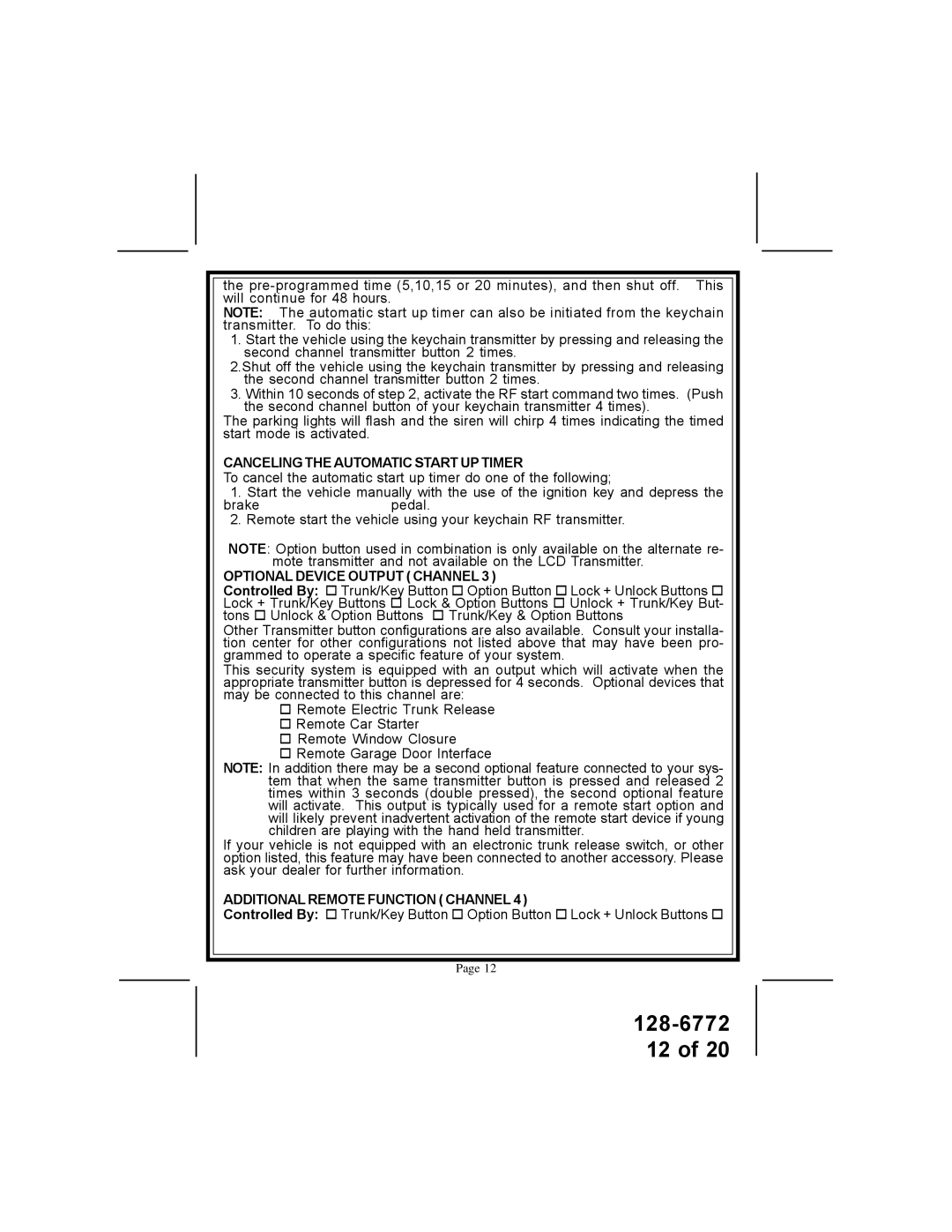 Audiovox APS-996A owner manual Canceling the Automatic Start UP Timer, Optional Device Output Channel 