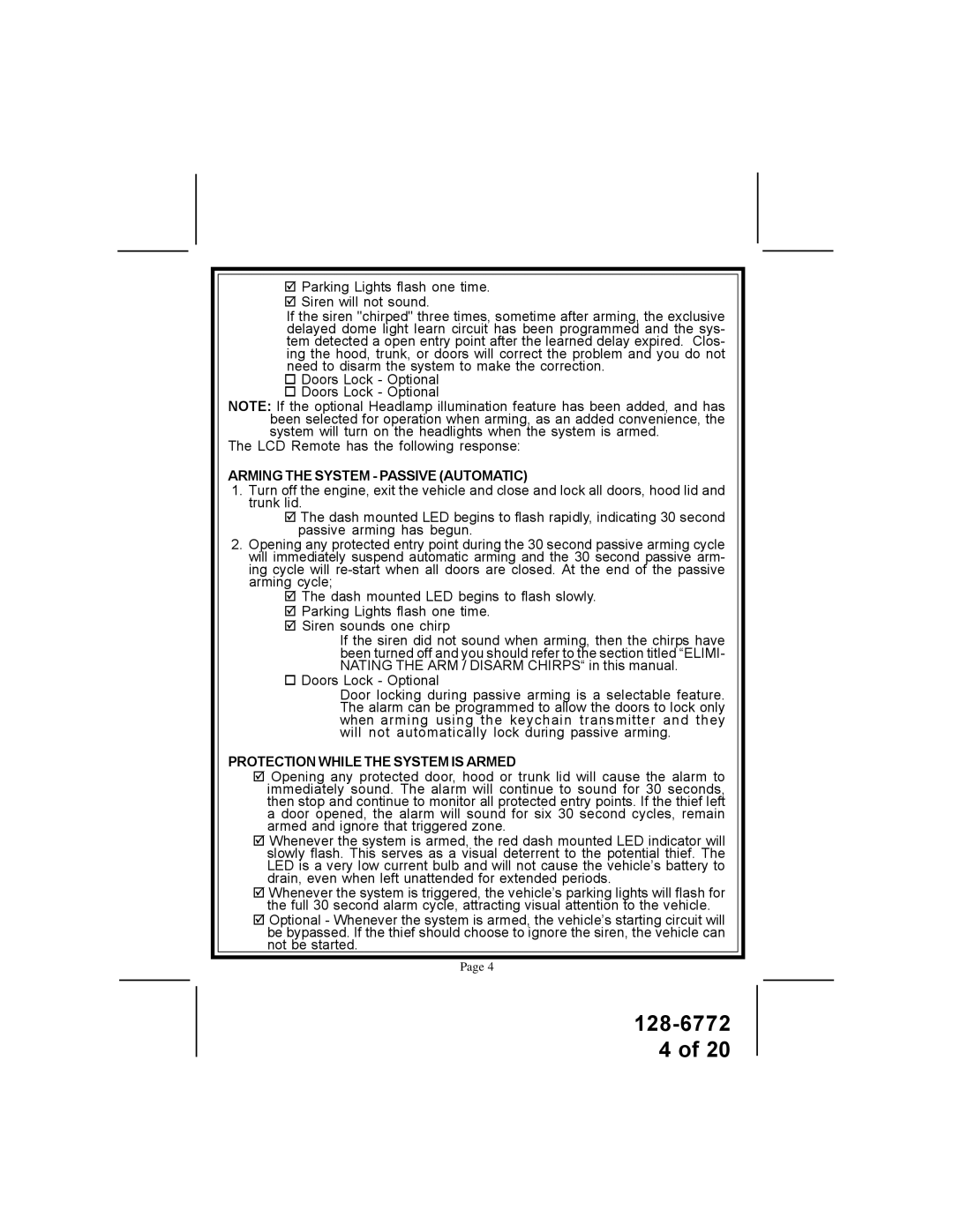 Audiovox APS-996A owner manual Arming the System Passive Automatic, Protection While the System is Armed 