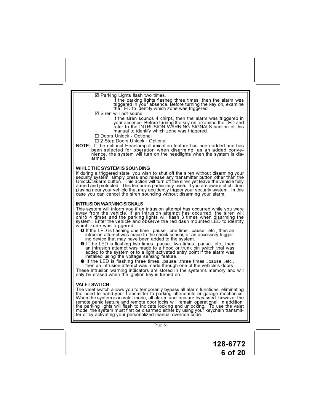 Audiovox APS-996A owner manual While the System is Sounding, Intrusion Warning Signals, Valet Switch 