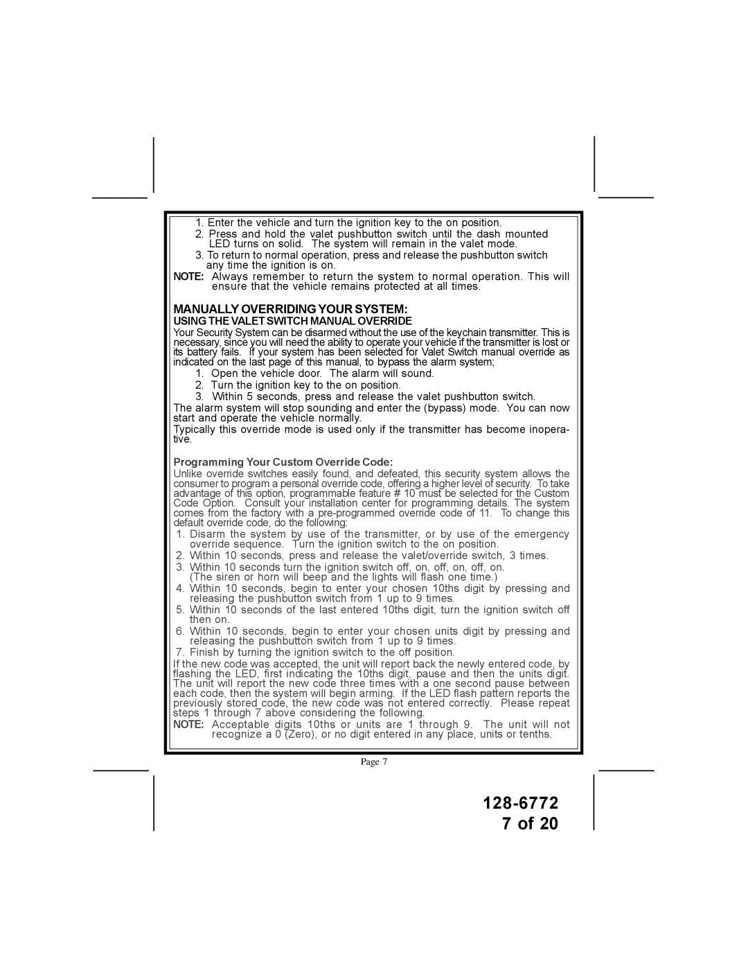 Audiovox APS-996A owner manual Manually Overriding Your System, Using the Valet Switch Manual Override 