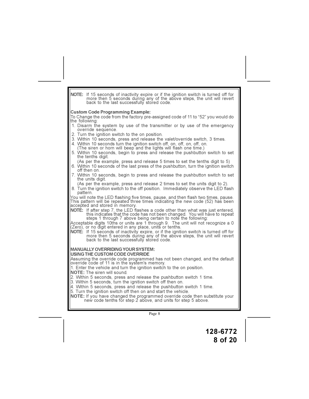 Audiovox APS-996A owner manual Custom Code Programming Example 