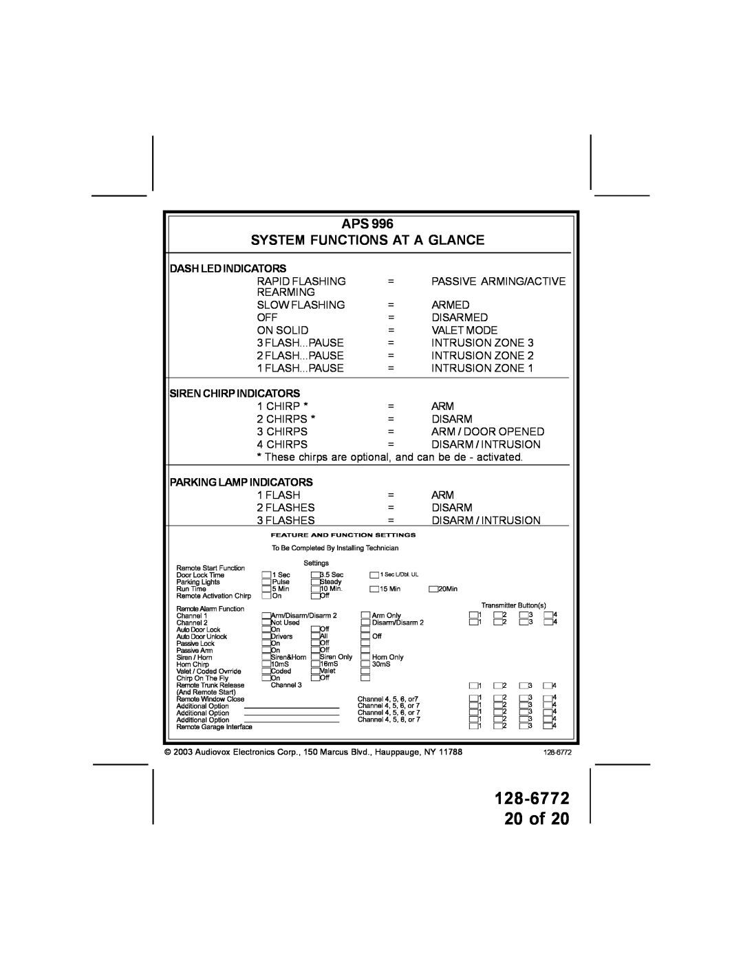 Audiovox APS-996A owner manual 128-6772 20 of, Dash Led Indicators, Siren Chirp Indicators, Parking Lamp Indicators 