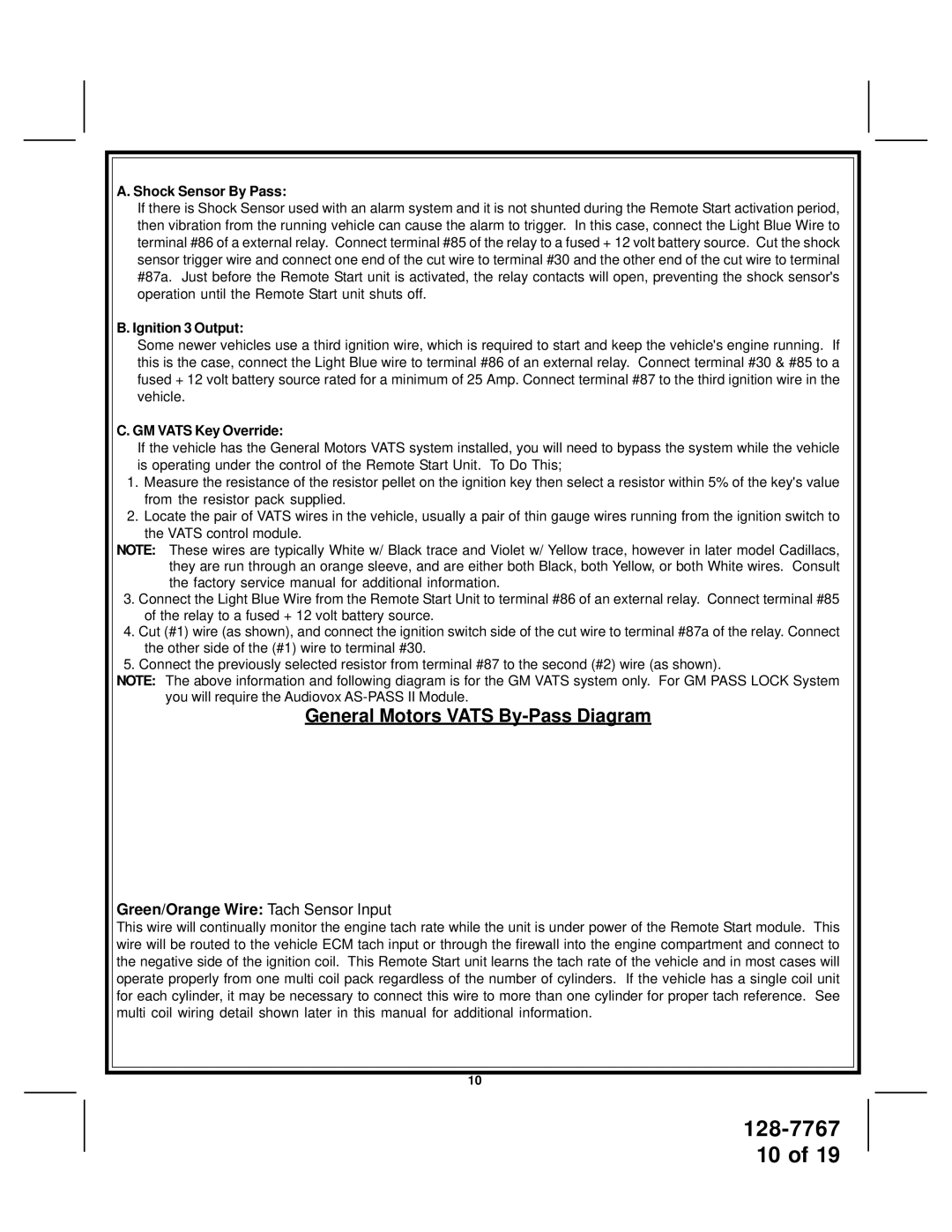 Audiovox APS57 installation manual General Motors Vats By-Pass Diagram, Green/Orange Wire Tach Sensor Input 