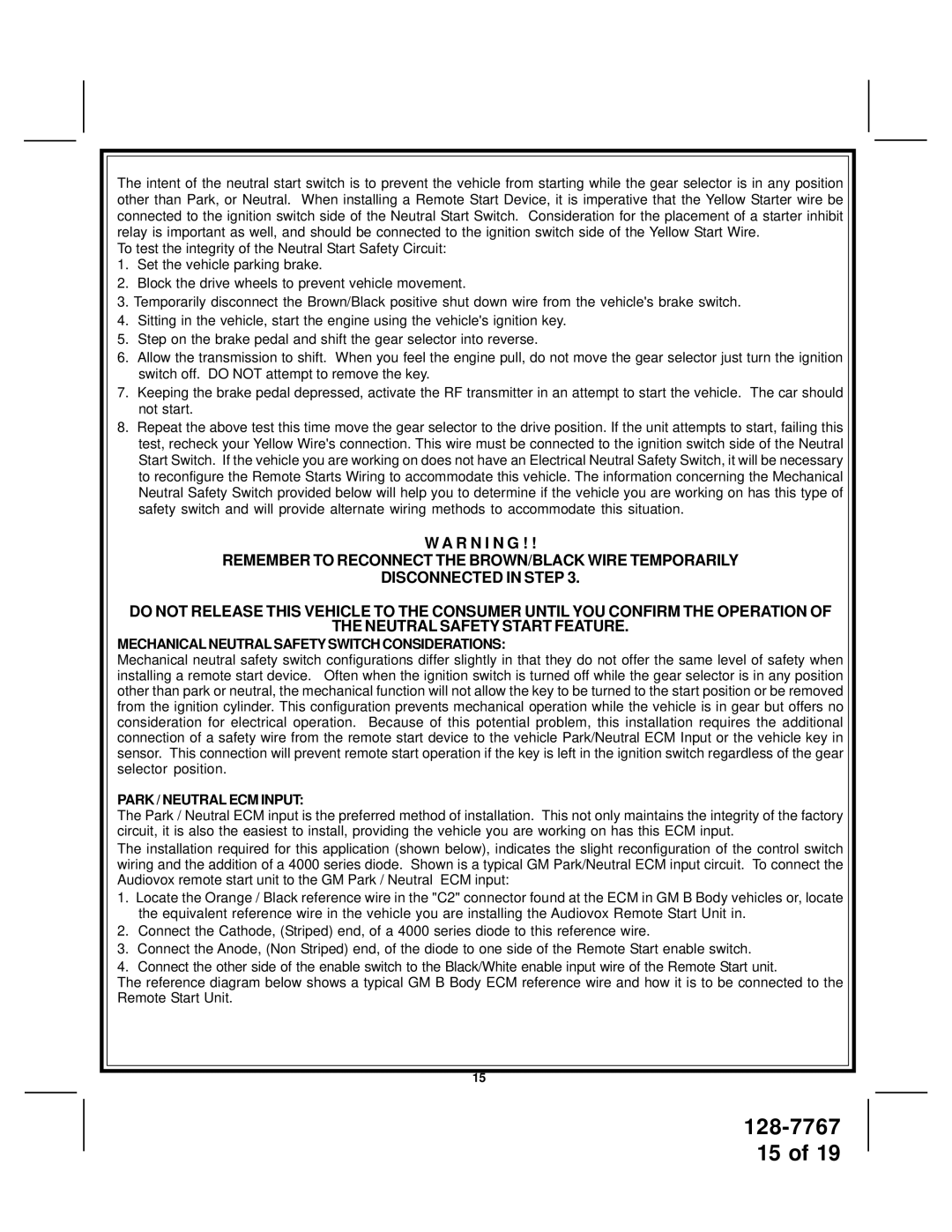 Audiovox APS57 installation manual Mechanical Neutral Safety Switch Considerations 