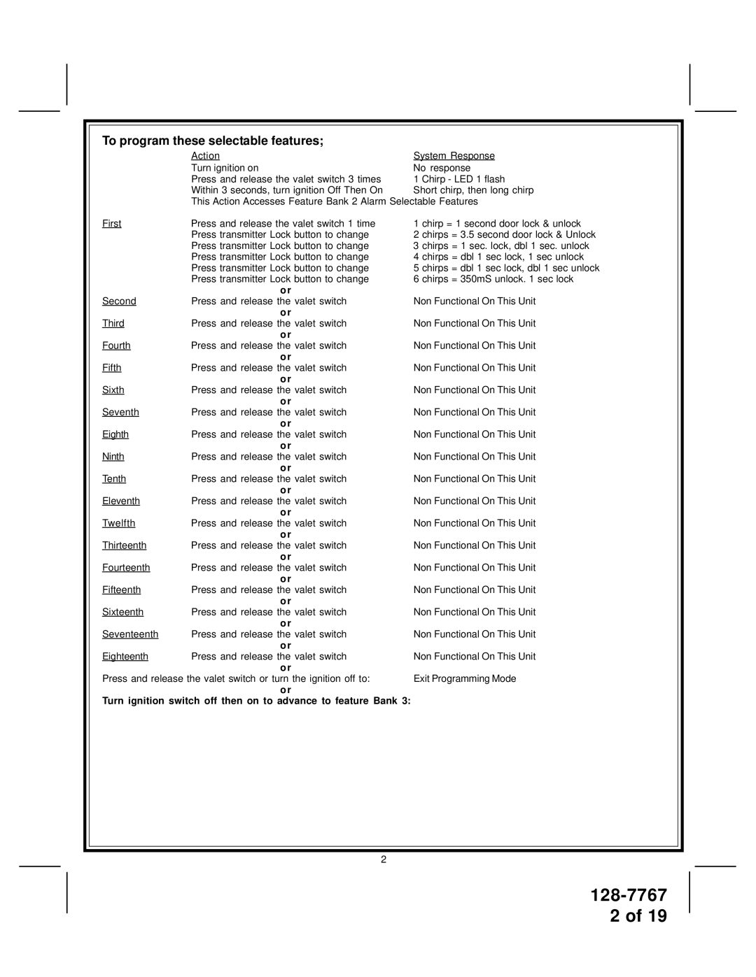 Audiovox APS57 installation manual To program these selectable features 