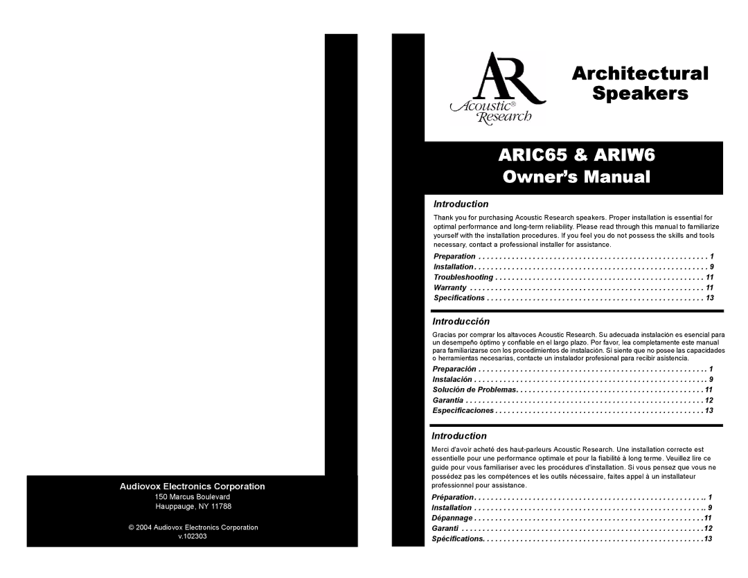 Audiovox ARIC65, ARIW6 owner manual Introduction, Introducción 