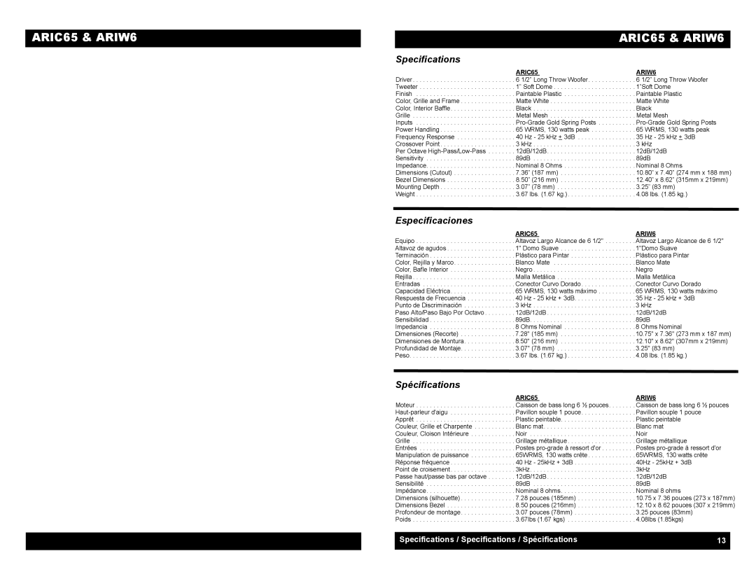 Audiovox ARIW6, ARIC65 owner manual Specifications, Especificaciones, Spécifications 