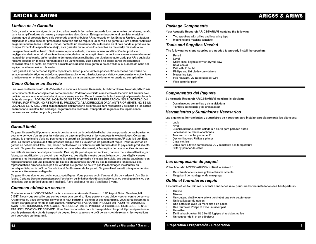 Audiovox ARIC65, ARIW6 Limites de la Garantía, Cómo Obtener un Servicio, Garanti limité, Comment obtenir un service 