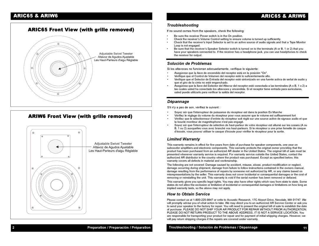 Audiovox owner manual ARIC65 Front View with grille removed, ARIW6 Front View with grille removed 