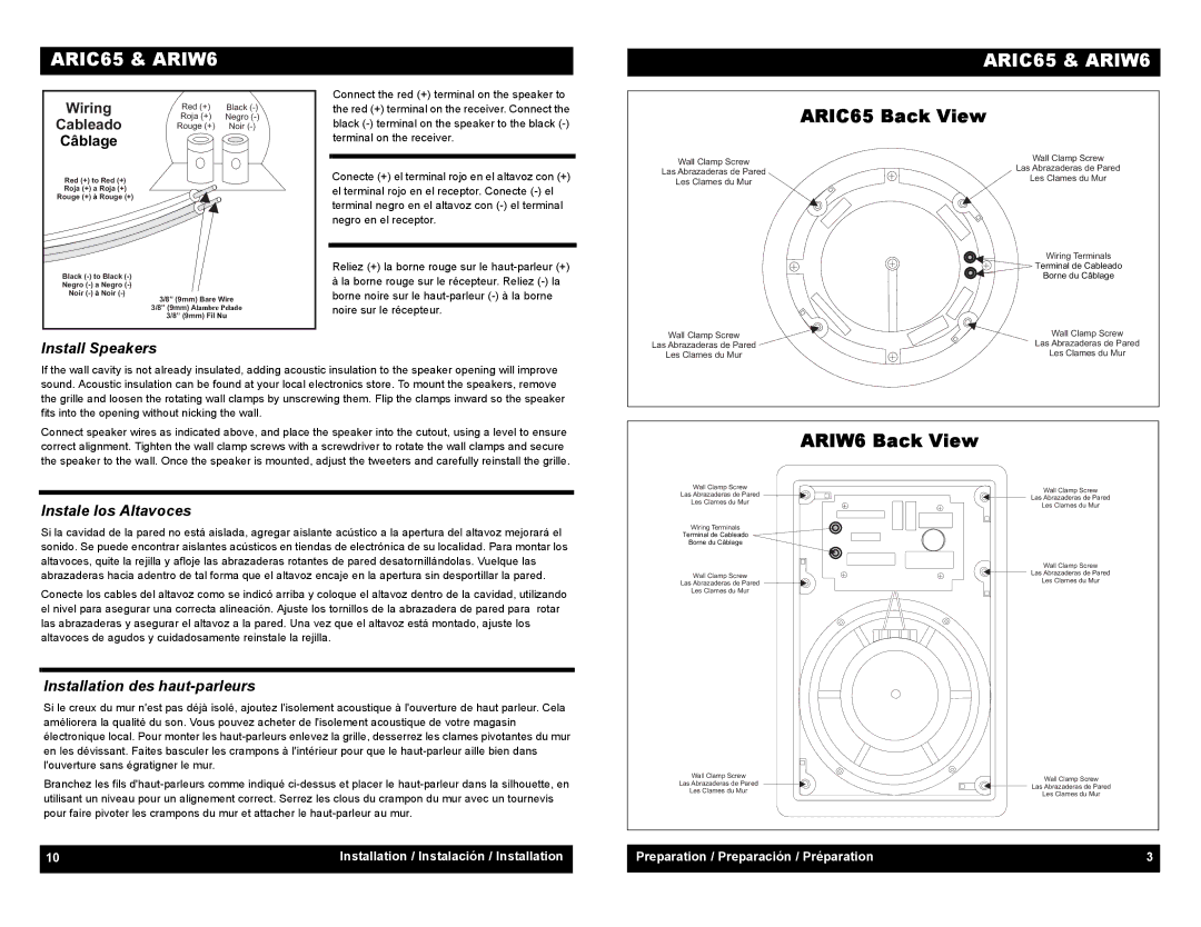 Audiovox ARIC65 Back View, ARIW6 Back View, Install Speakers, Instale los Altavoces, Installation des haut-parleurs 