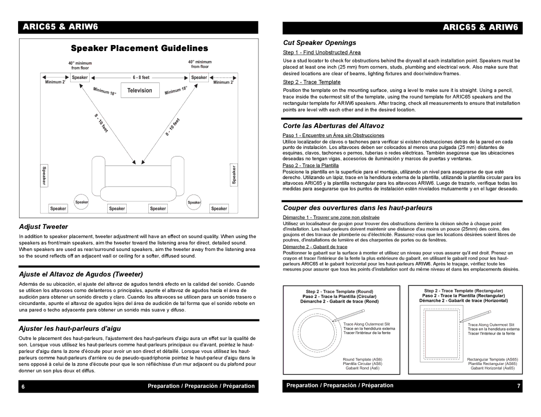 Audiovox ARIW6, ARIC65 owner manual Speaker Placement Guidelines 