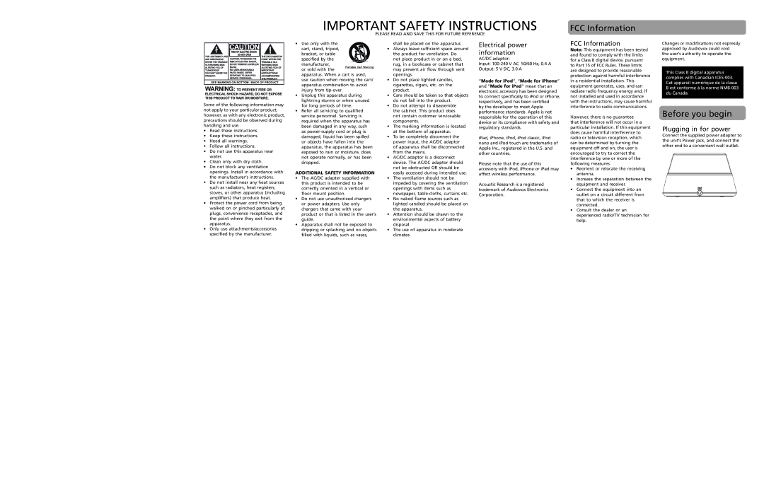 Audiovox ARS13 user manual FCC Information, Before you begin, Electrical power information, Plugging in for power 