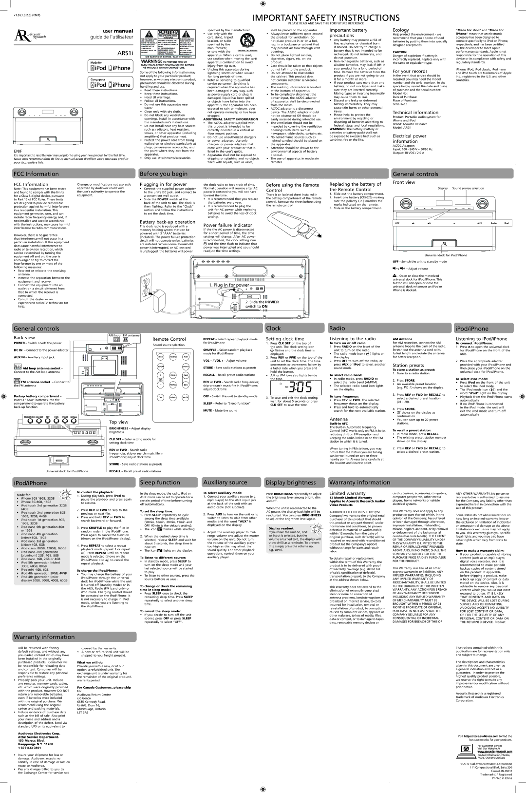 Audiovox ARS1i user manual FCC Information, Before you begin, General controls, Clock, Radio, IPod/iPhone 