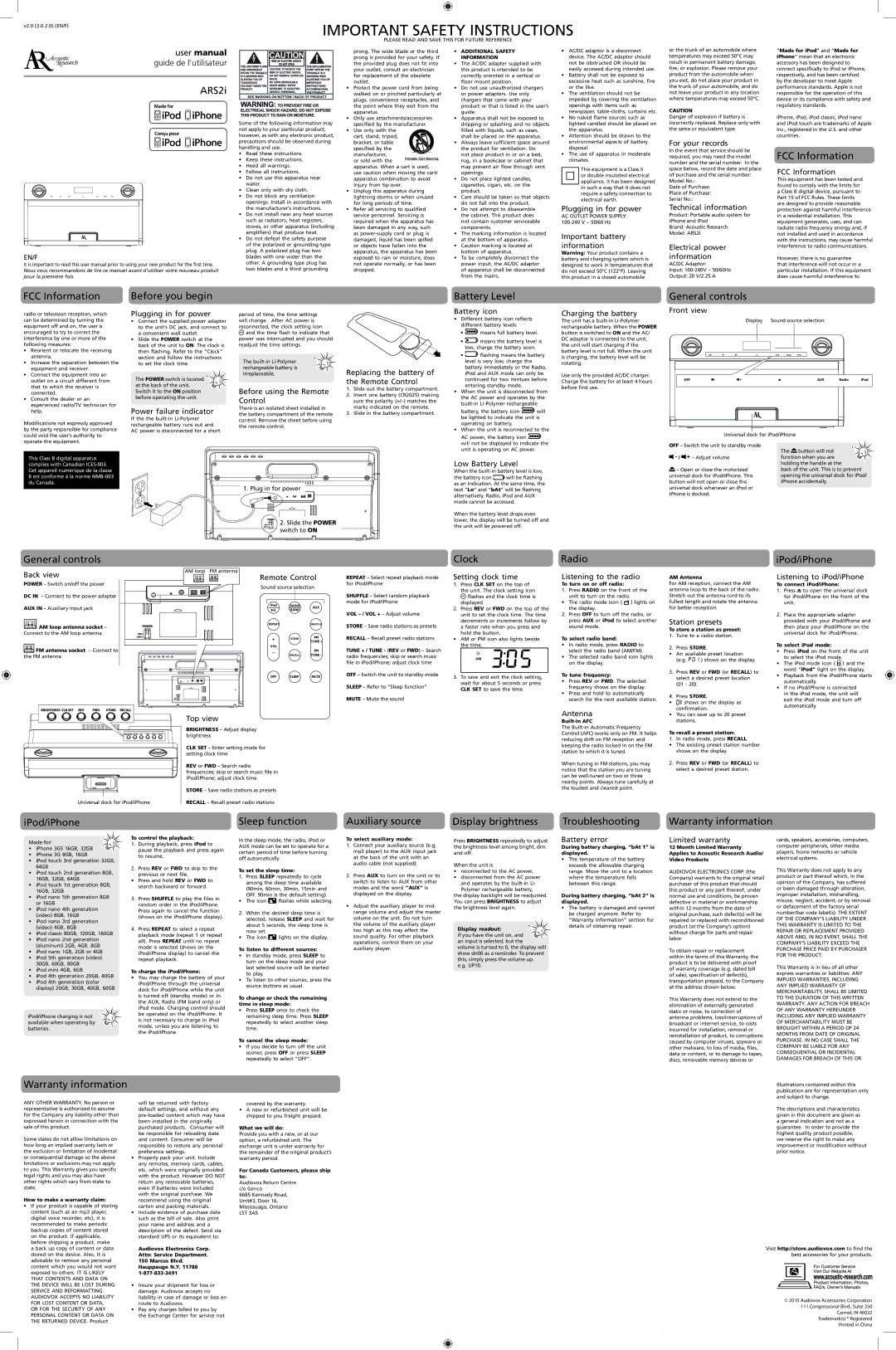 Audiovox ARS2I user manual ARS2i, FCC Information, Before you begin, Battery Level, General controls, Clock, Radio 