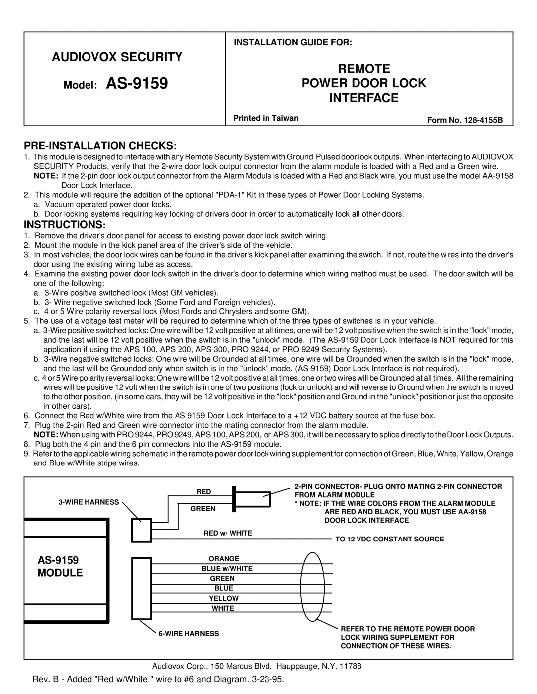 Audiovox AS-9159 manual Audiovox Security, Remote Power Door Lock Interface, PRE-INSTALLATION Checks, Instructions, Module 