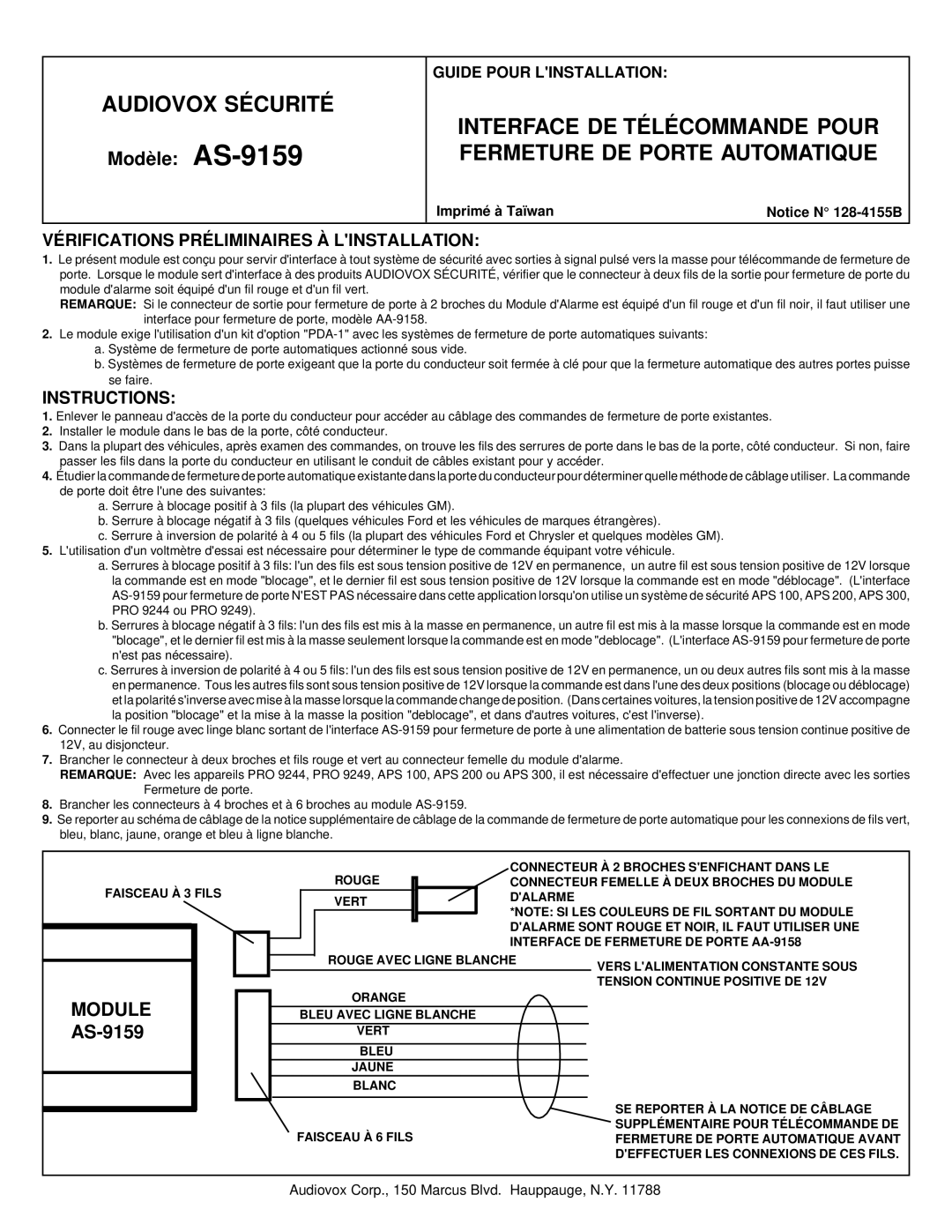 Audiovox AS-9159 manual Audiovox Sécurité, Vérifications Préliminaires À Linstallation, Instructions 