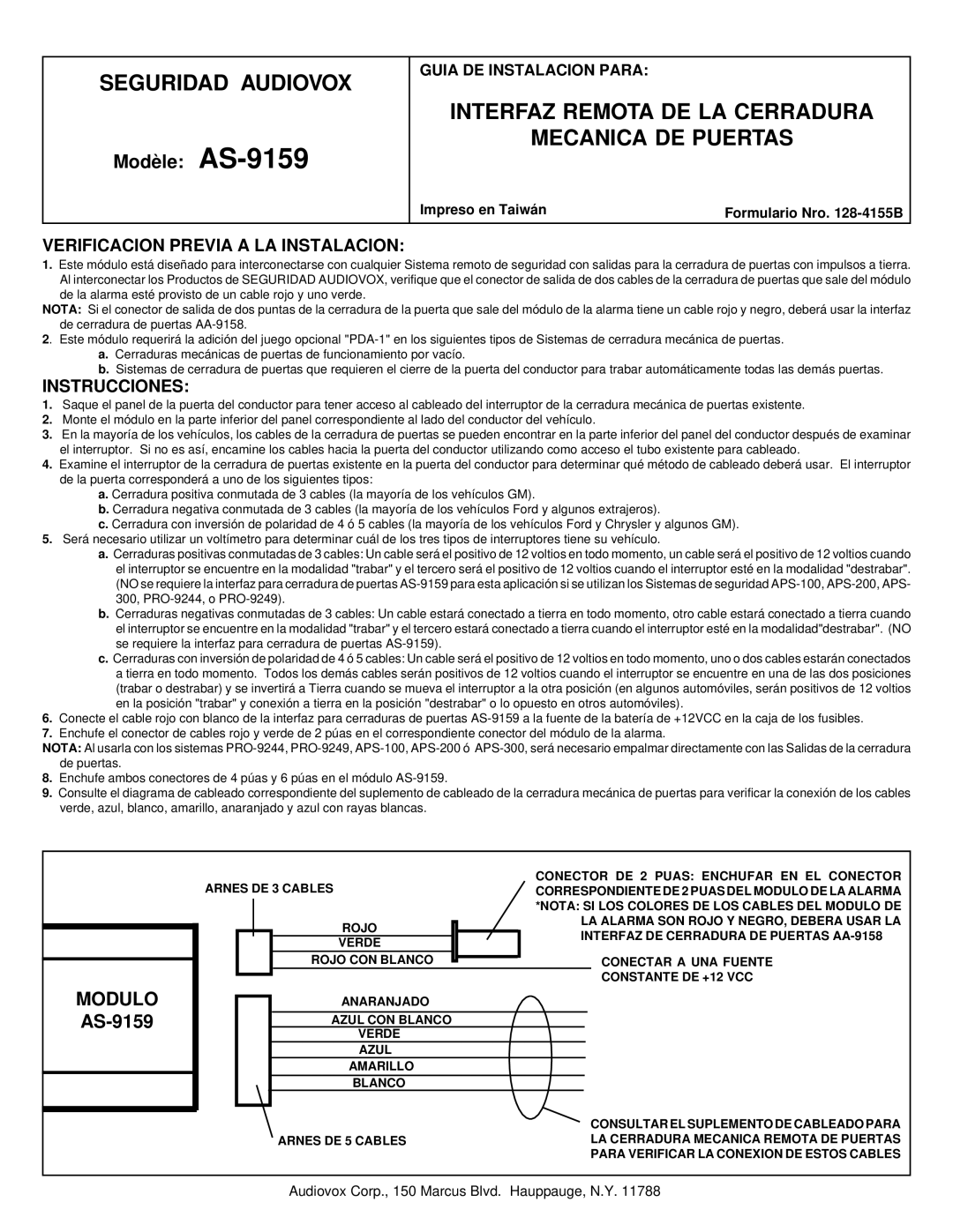 Audiovox AS-9159 manual Seguridad Audiovox, Interfaz Remota DE LA Cerradura Mecanica DE Puertas, Modulo, Instrucciones 