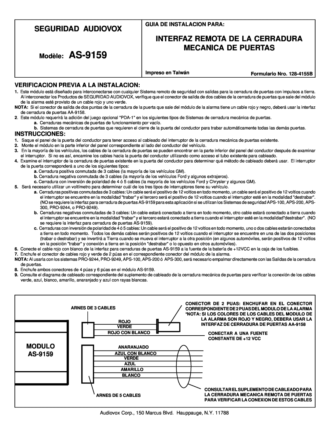 Audiovox manual Seguridad Audiovox, Interfaz Remota De La Cerradura Mecanica De Puertas, MODULO AS-9159, Instrucciones 