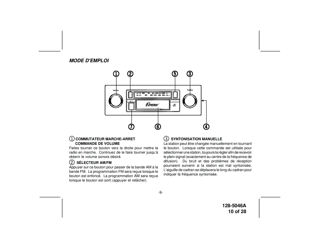 Audiovox AV-2000 manual Commutateur MARCHE-ARRET Commande DE Volume, Sélecteur AM/FM, Syntonisation Manuelle 