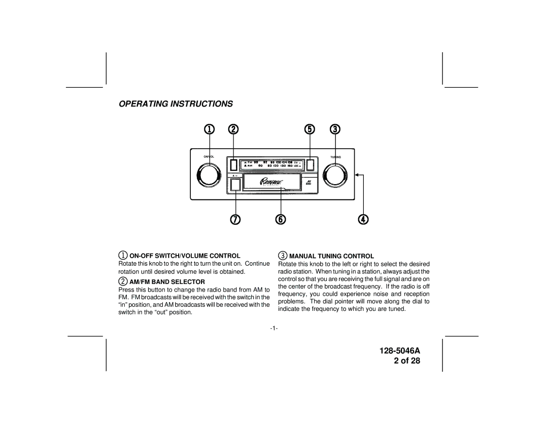 Audiovox AV-2000 manual Operating Instructions, ON-OFF SWITCH/VOLUME Control 3MANUAL Tuning Control, AM/FM Band Selector 