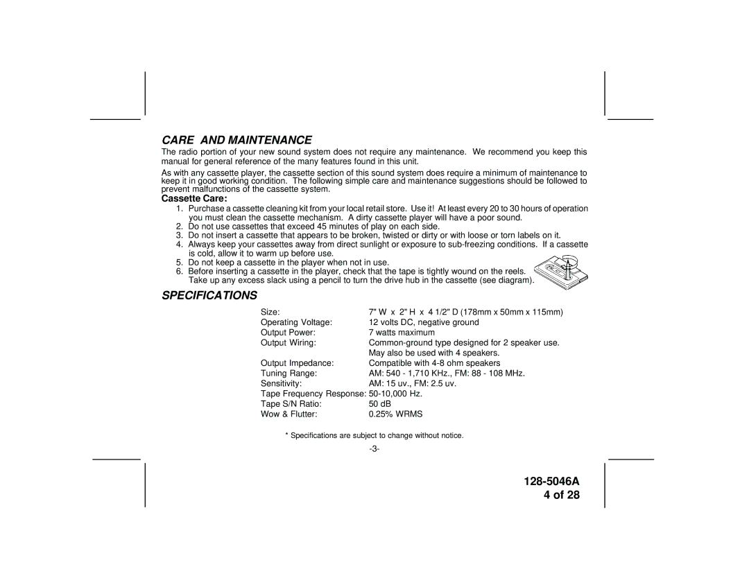 Audiovox AV-2000 manual Care and Maintenance, Specifications 