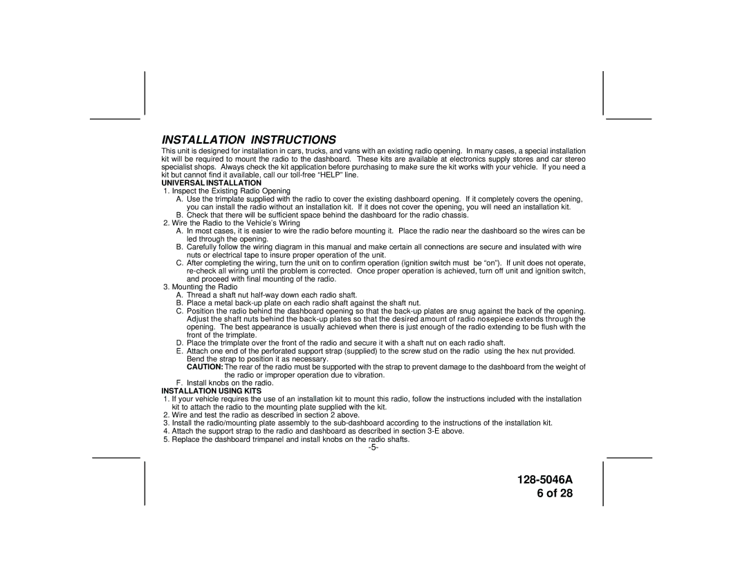 Audiovox AV-2000 manual Installation Instructions, Universal Installation 