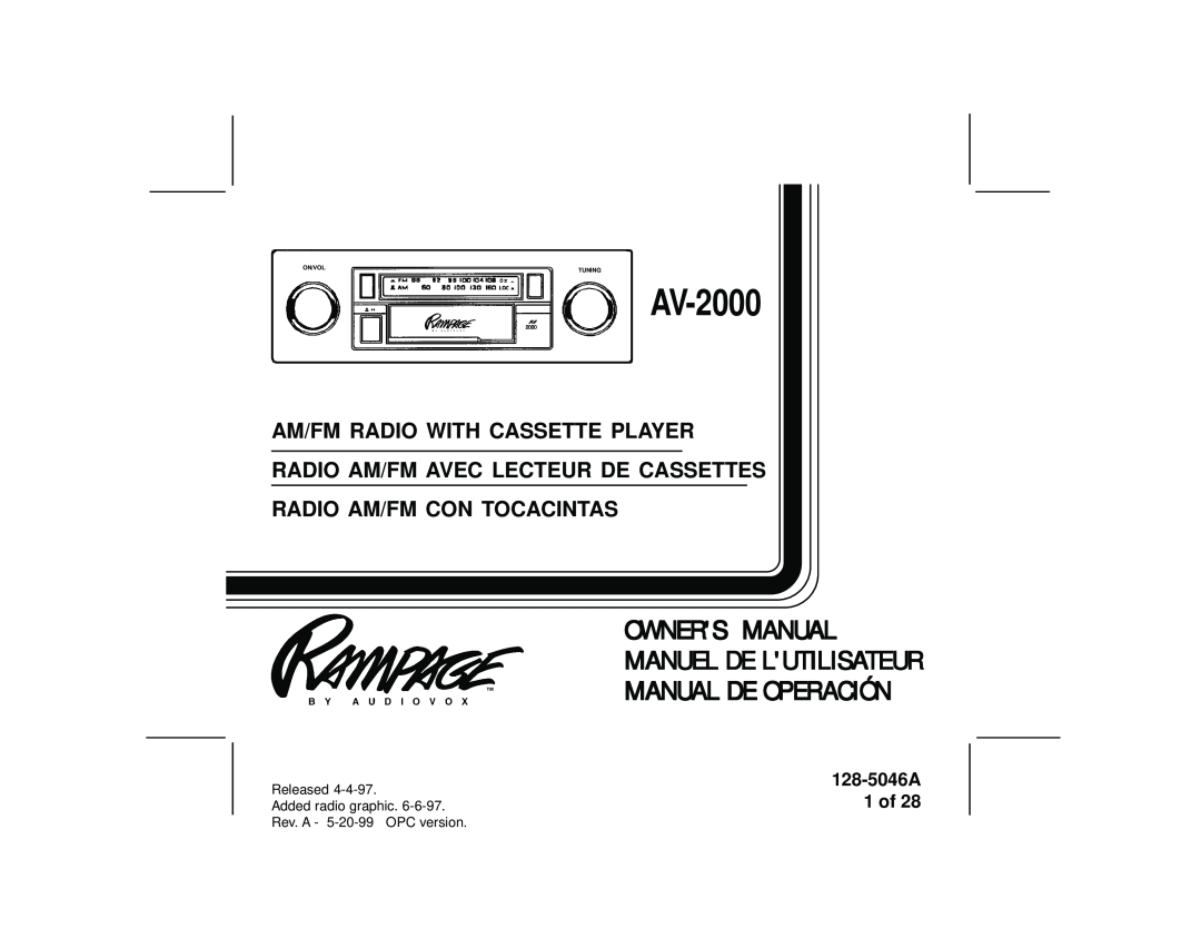 Audiovox AV-2000 manual Am/Fm Radio With Cassette Player, Radio Am/Fm Avec Lecteur De Cassettes, 128-5046A 1 of, On/Vol 