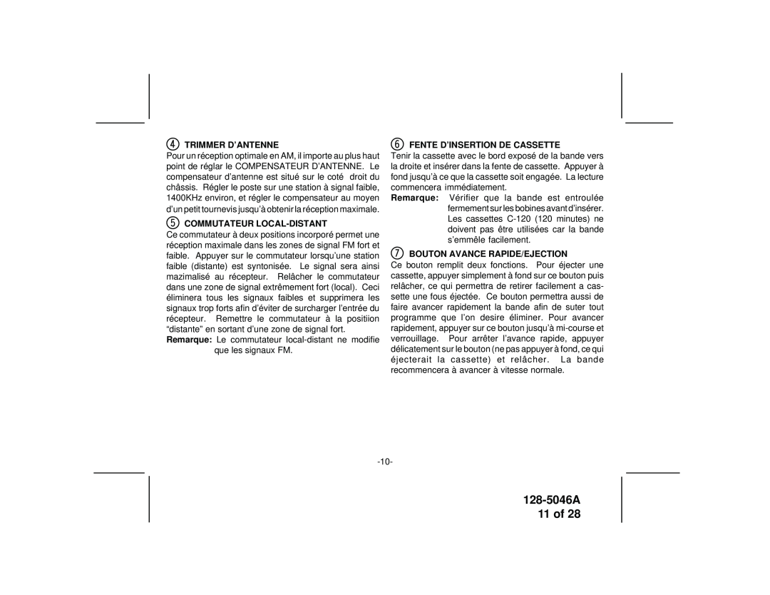 Audiovox AV-2000 manual 128-5046A 11 of, 4TRIMMER D’ANTENNE, 5COMMUTATEUR LOCAL-DISTANT, 6FENTE D’INSERTION DE CASSETTE 
