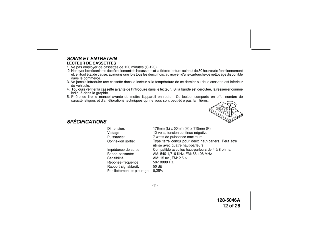 Audiovox AV-2000 manual Soins Et Entretein, Spécifications, 128-5046A 12 of, Lecteur De Cassettes 