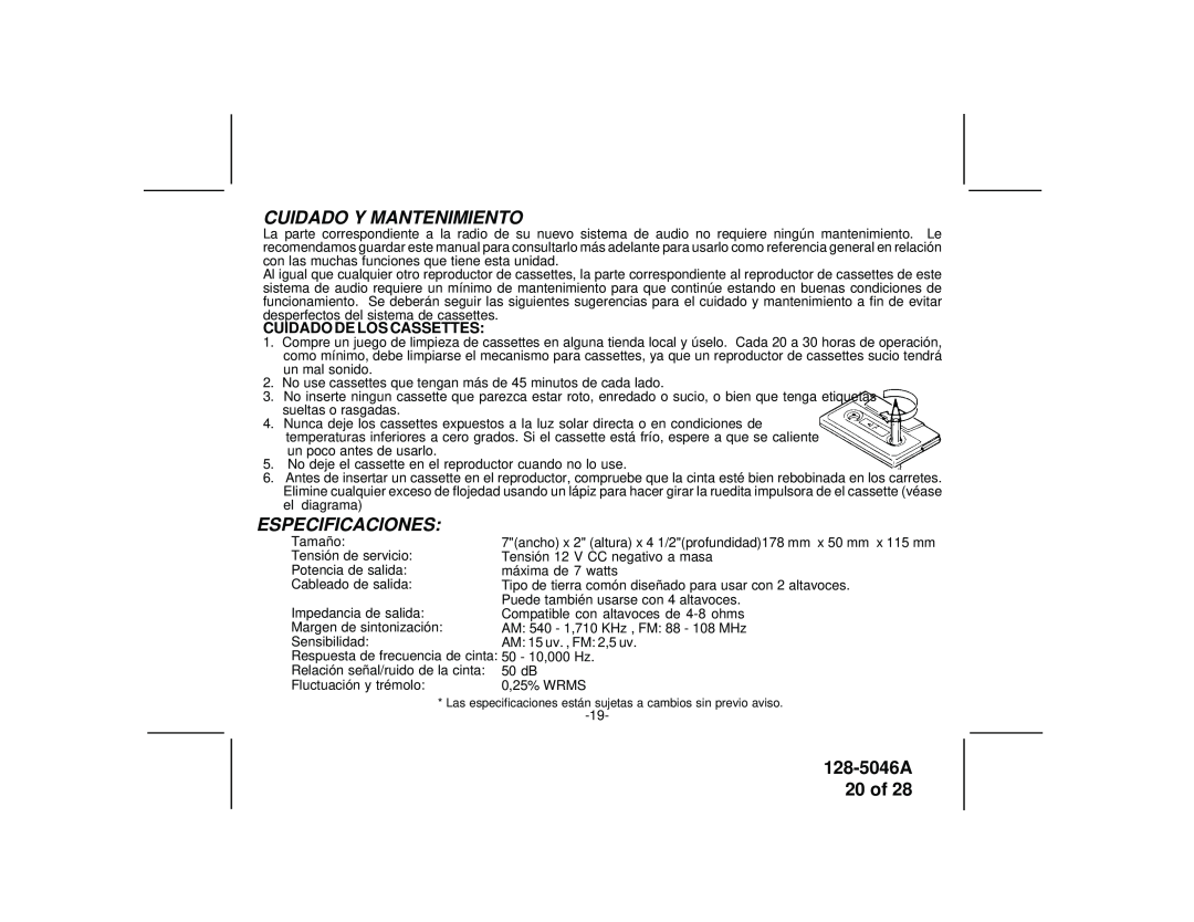 Audiovox AV-2000 manual Cuidado Y Mantenimiento, Especificaciones, 128-5046A 20 of, Cuidado De Los Cassettes 