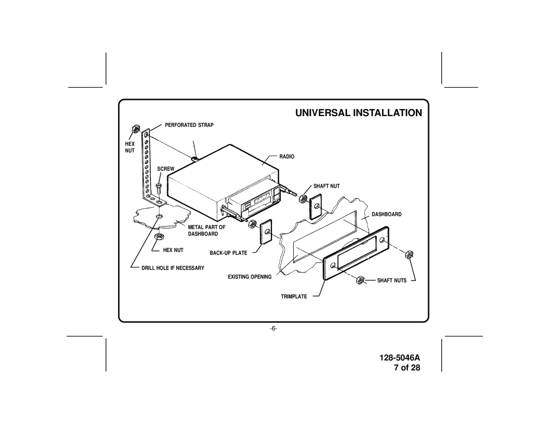 Audiovox AV-2000 manual Universal Installation, 128-5046A 7 of, Perforated Strap Hex Nut Radio Screw Shaft Nut 