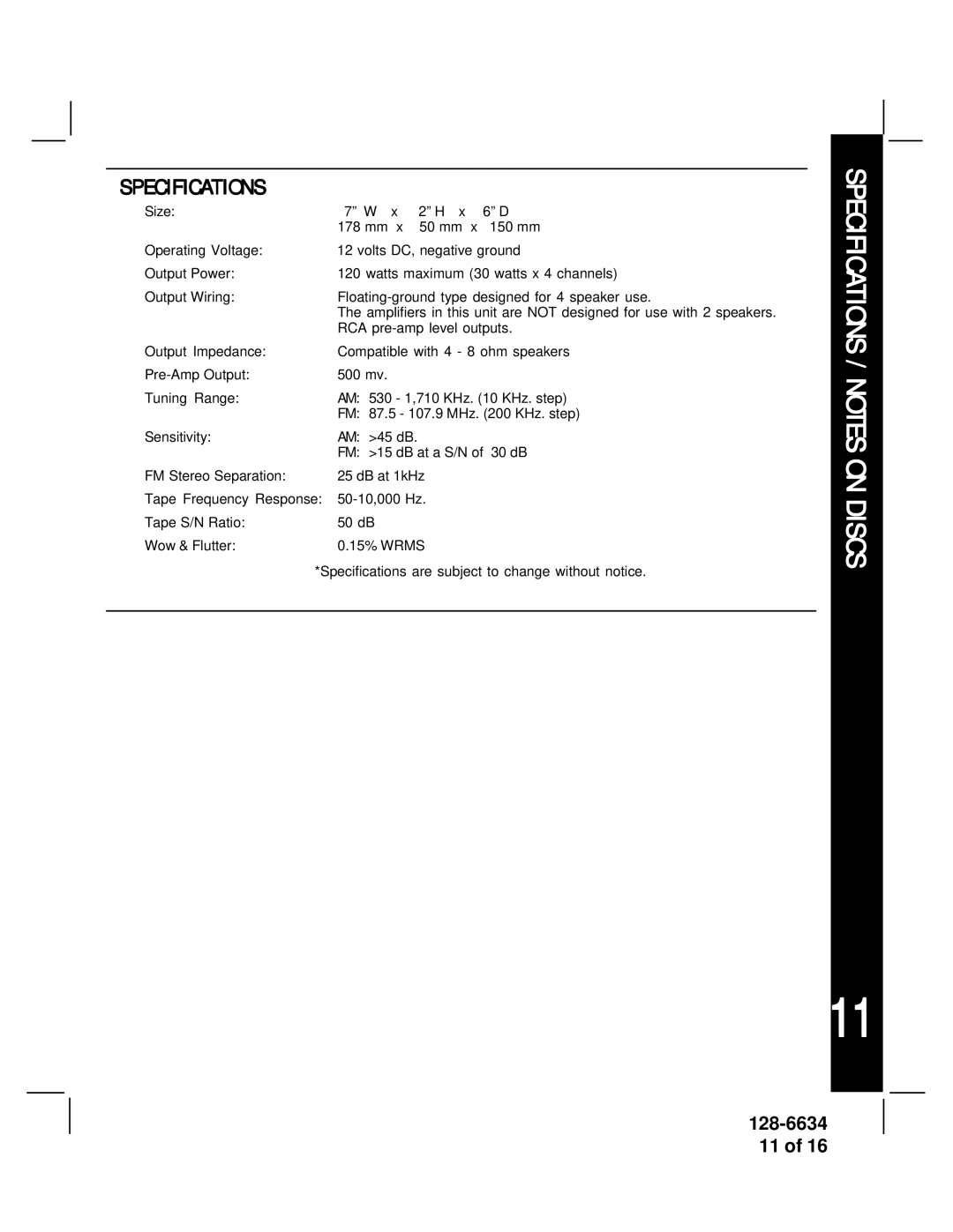 Audiovox AV-428V manual Specifications / Notes on Discs 