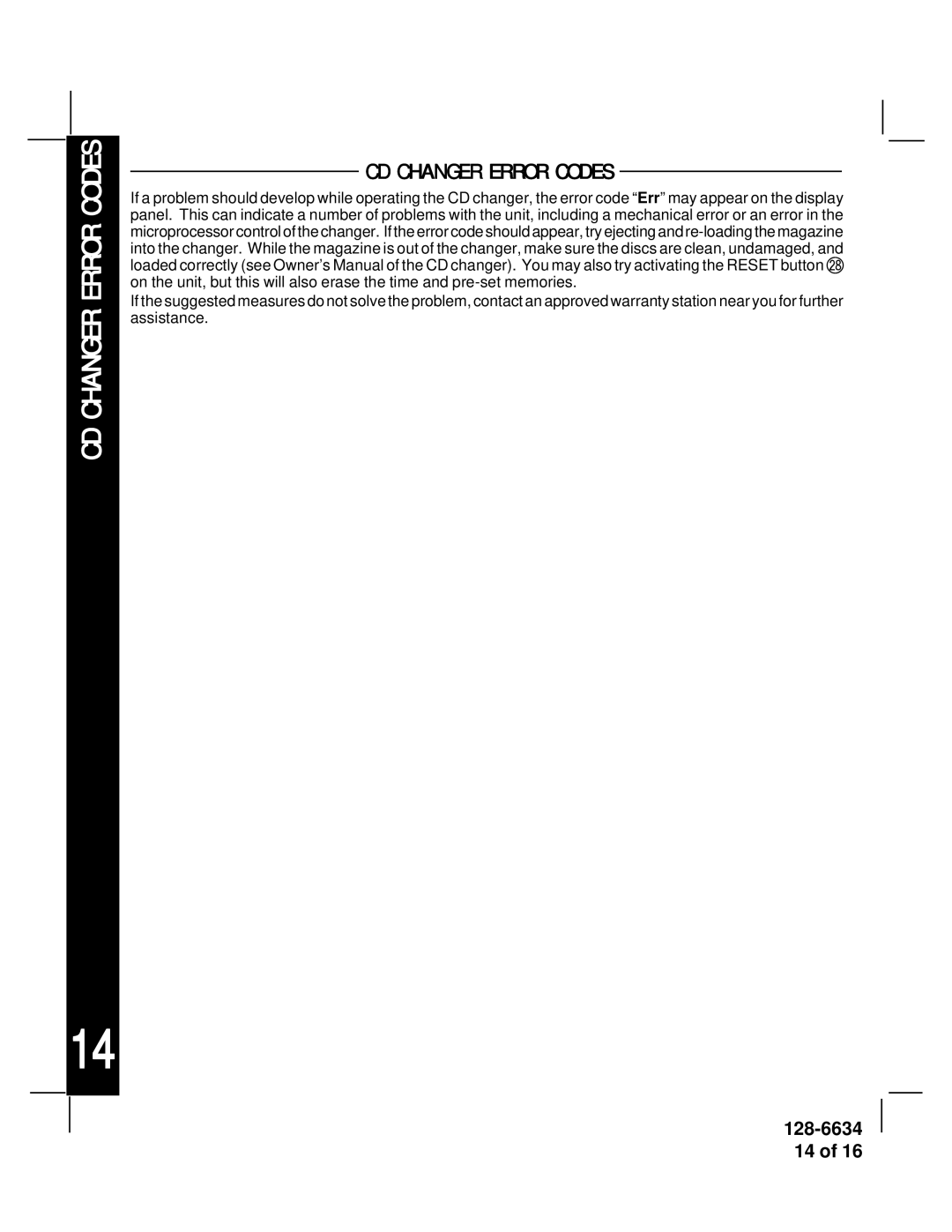 Audiovox AV-428V manual CD Changer Error Codes 