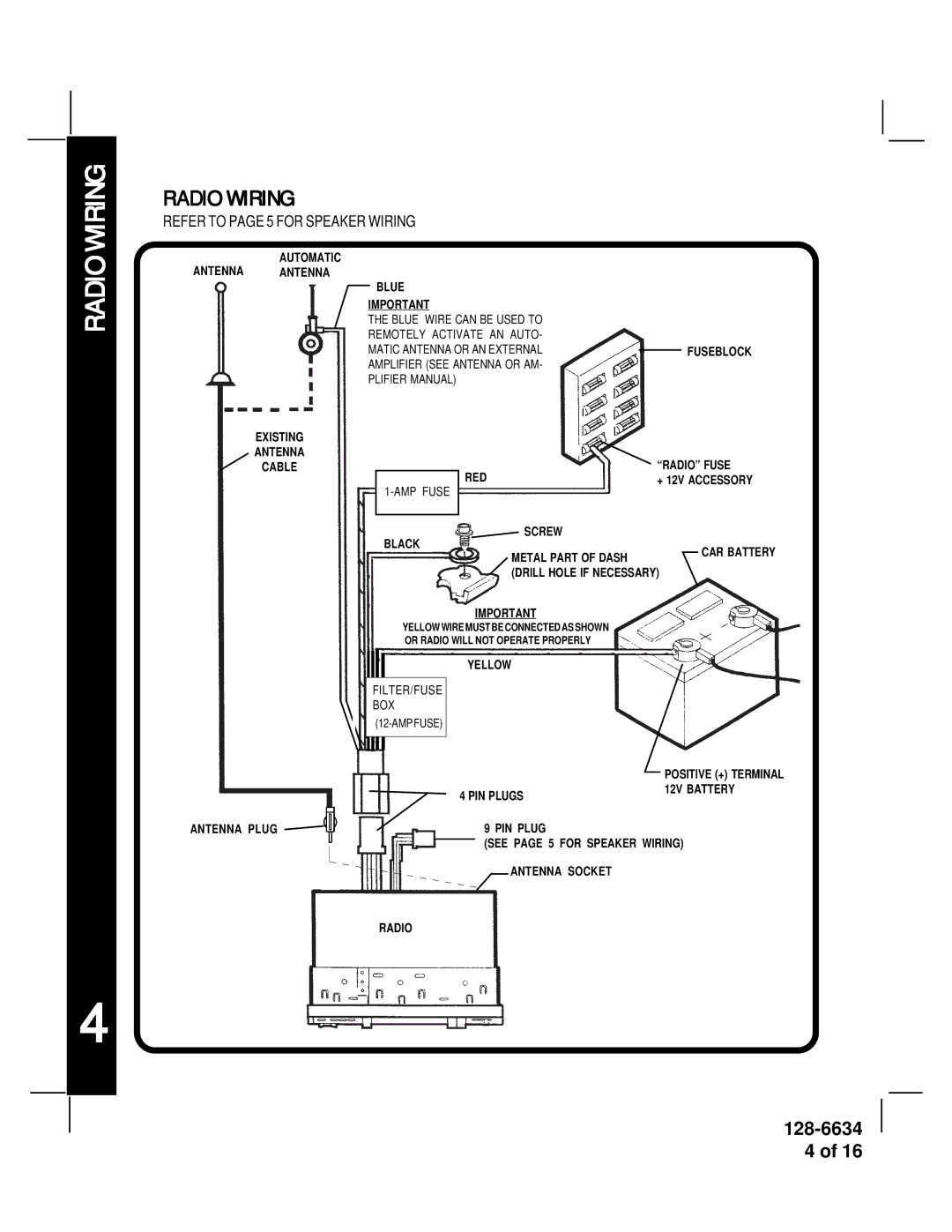 Audiovox AV-428V manual Radio Wiring 