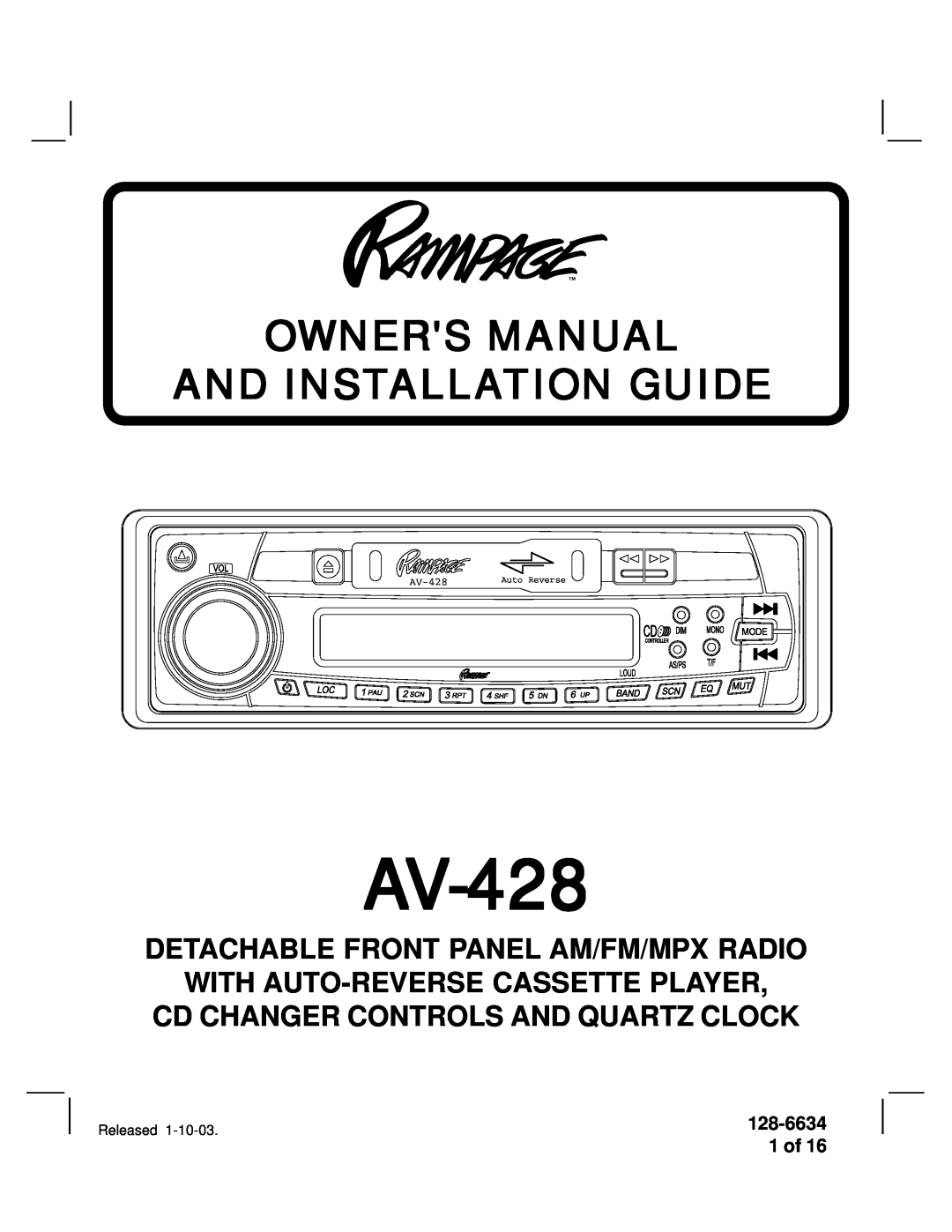 Audiovox AV-428V manual 128-6634 1 of, Detachable Front Panel Am/Fm/Mpx Radio, With Auto-Reverse Cassette Player 