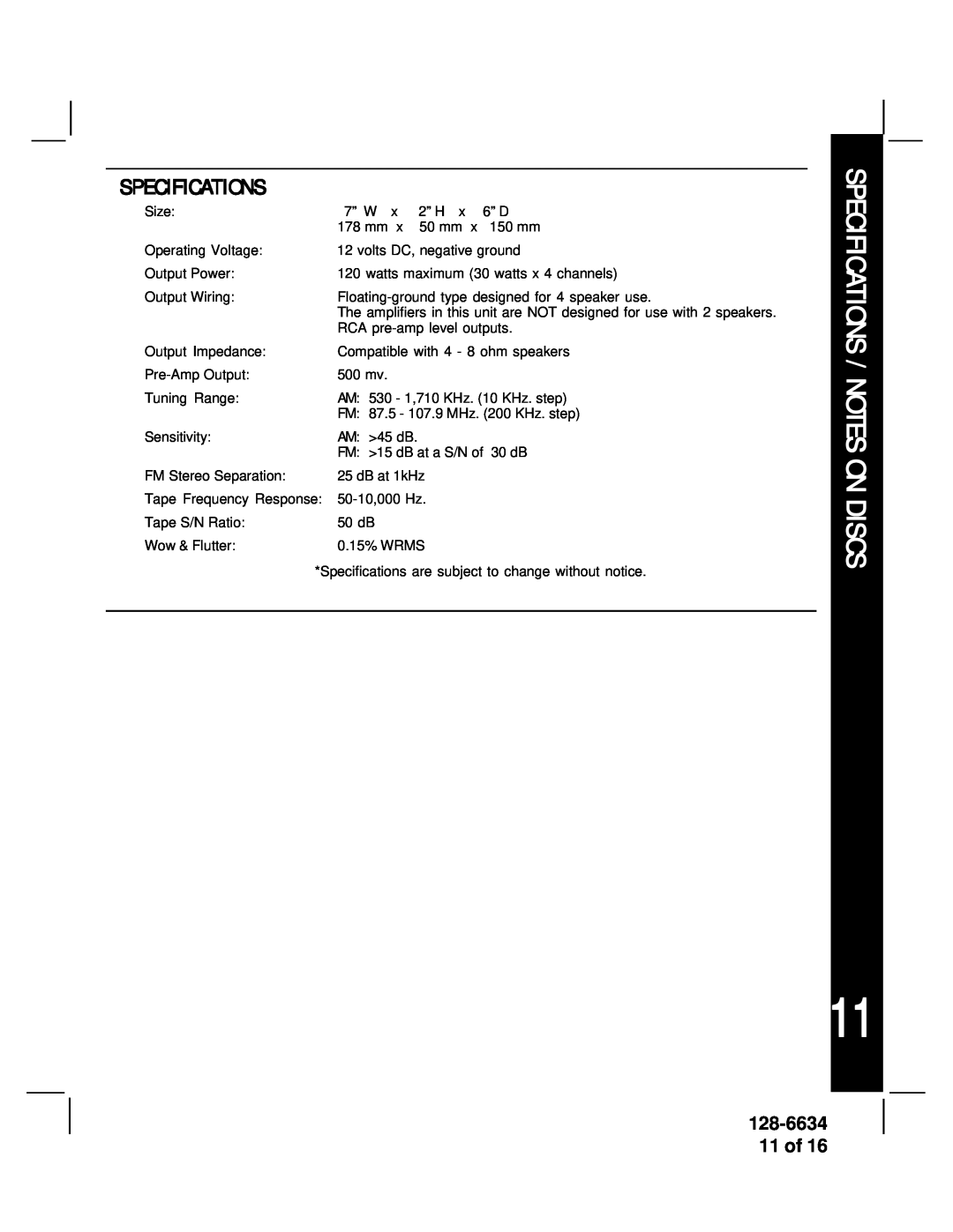 Audiovox AV-428V manual Specifications / Notes On Discs, 128-6634 11 of 