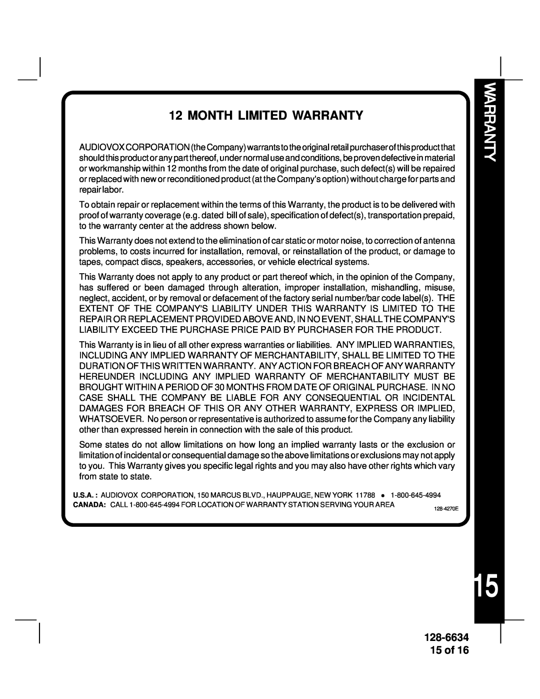 Audiovox AV-428V manual Month Limited Warranty, 128-6634 15 of 