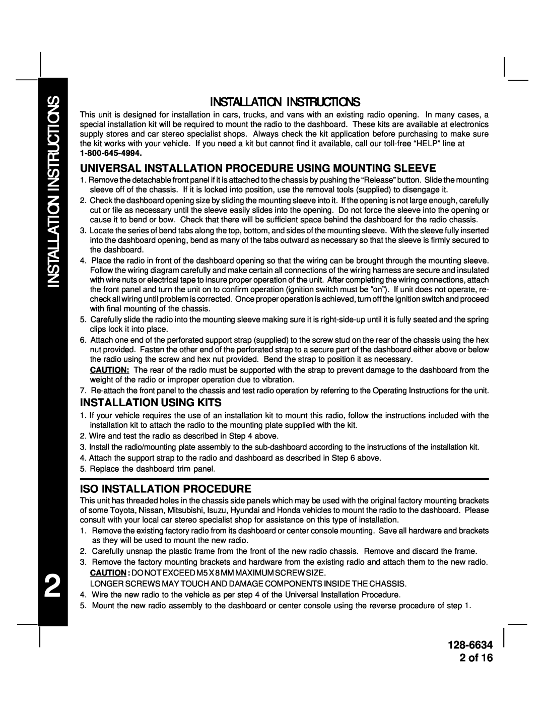 Audiovox AV-428V manual Installation Instructions, Universal Installation Procedure Using Mounting Sleeve, 128-6634 2 of 