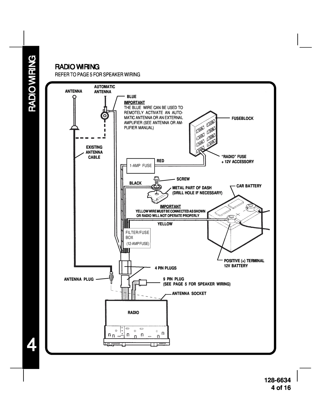 Audiovox AV-428V manual Radio Wiring, 128-6634 4 of 