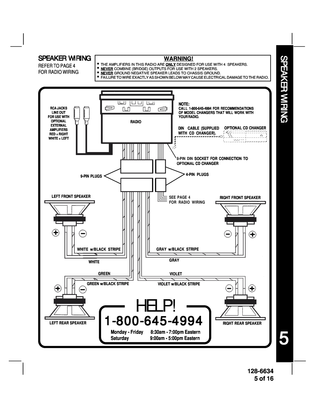Audiovox AV-428V manual Speaker Wiring, 128-6634 5 of, Monday - Friday, Saturday, Help 