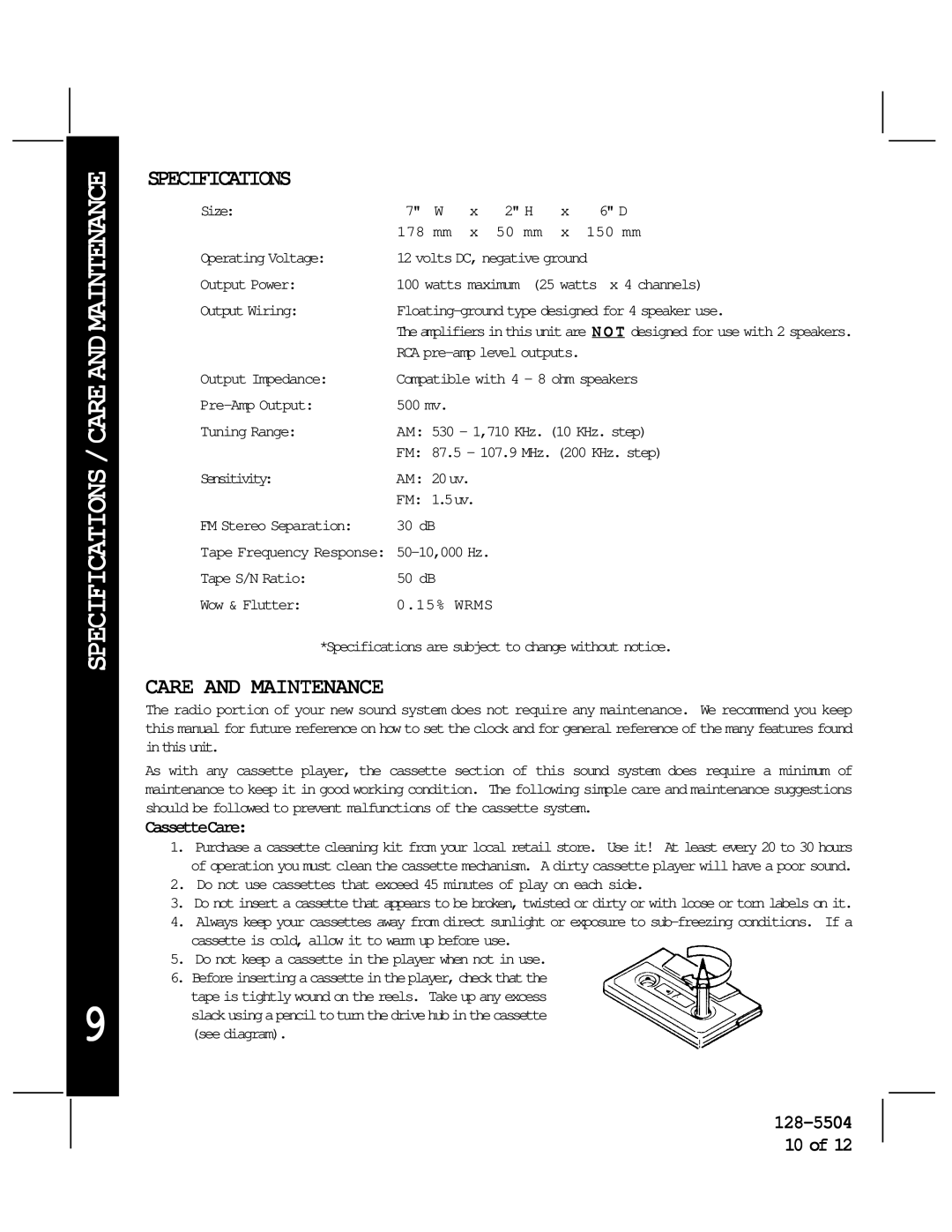 Audiovox AV-455 manual Specifications/Careandmaintenance, Care and Maintenance 