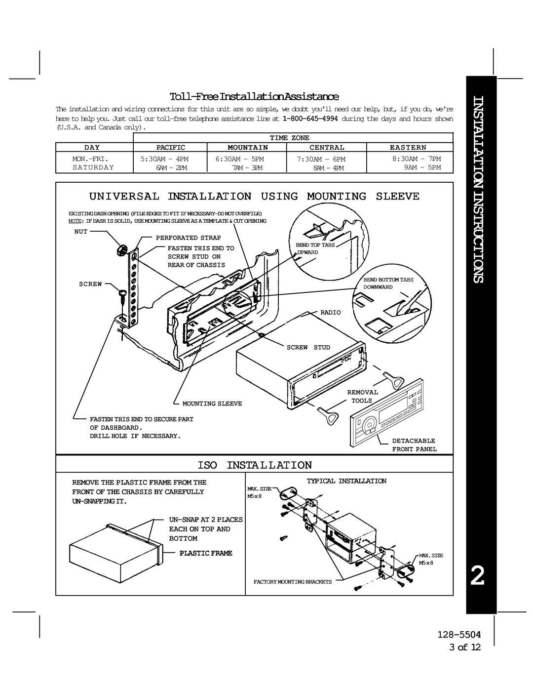 Audiovox AV-455 manual Toll-FreeInstallationAssistance, Universal Installation Using Mounting Sleeve 