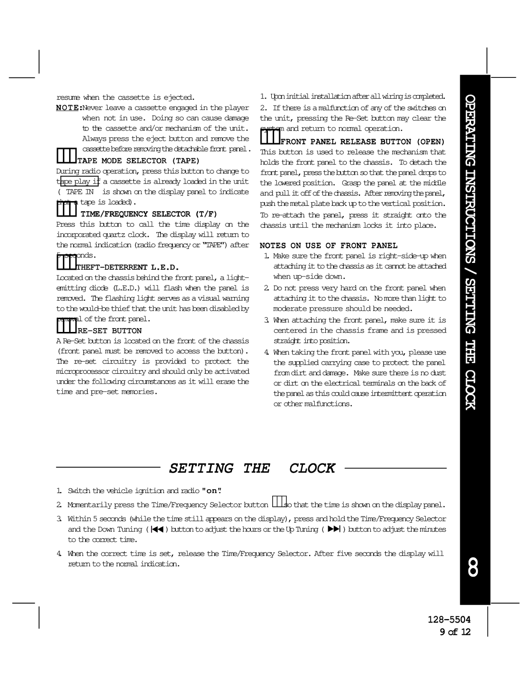 Audiovox AV-455 OPERATINGINSTRUCTIONS/SETTING the Clock, Tape Mode Selector Tape, Theft-Deterrent L.E.D, RE-SET Button 