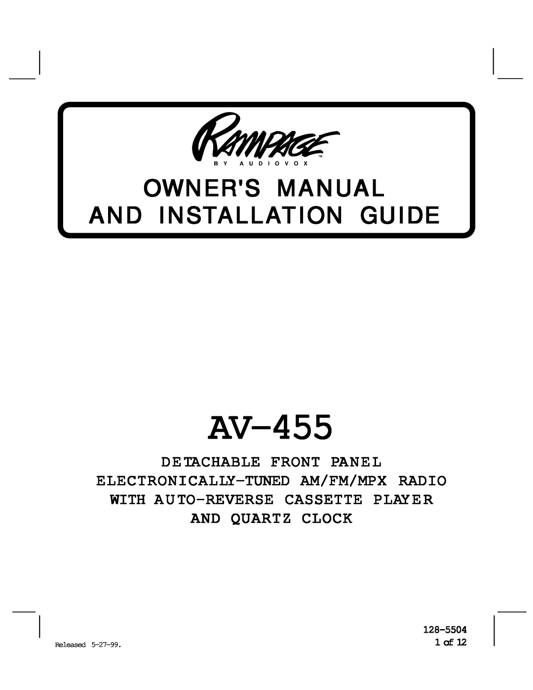 Audiovox AV-455 manual 128-5504 1 of, Detachable Front Panel 