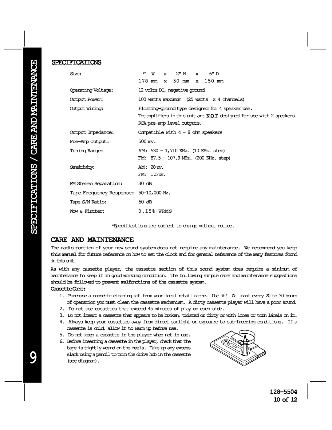 Audiovox AV-455 manual Specifications/Careandmaintenance, Care And Maintenance, 128-5504 10 of, CassetteCare 