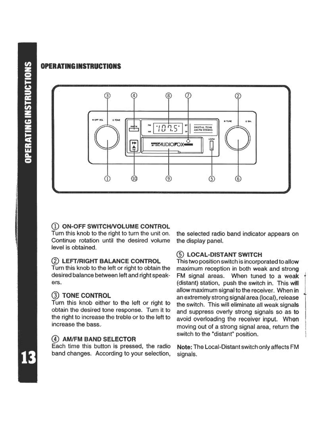 Audiovox AV-970 manual @ Tone Control, @ AM/FM Band Selector, @ LOCAL-DIST ANT Switch 