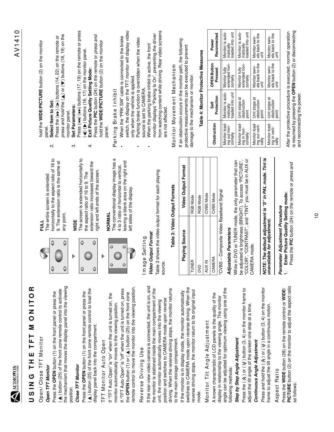 Audiovox AV1410 operation manual Using the TFT Monitor 