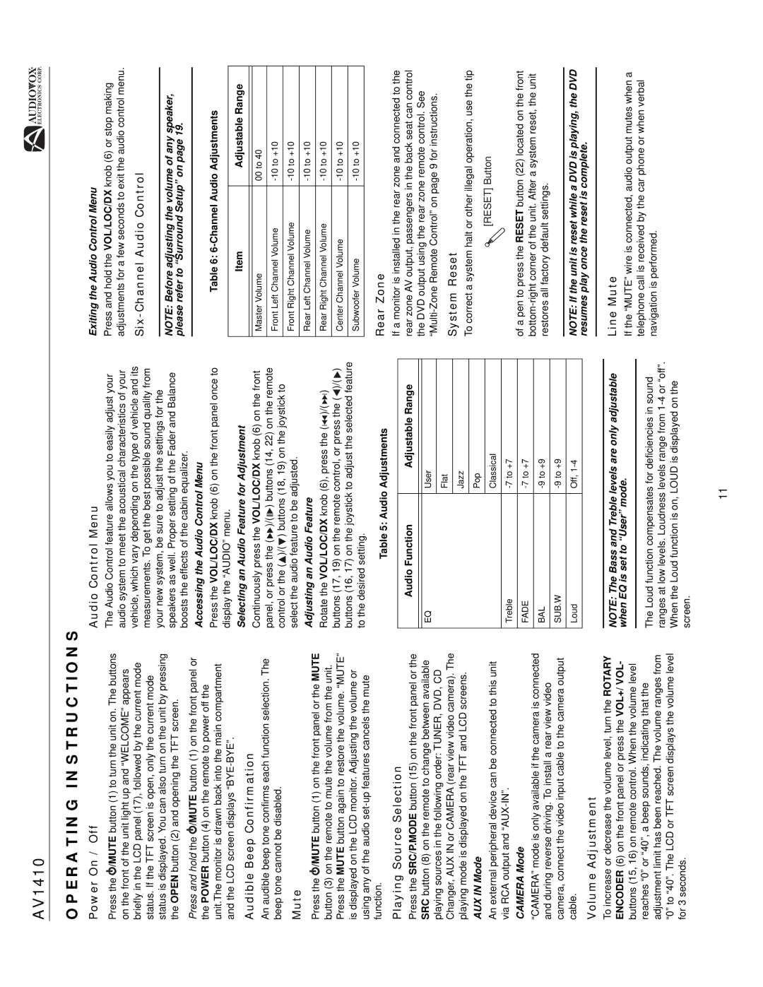 Audiovox AV1410 operation manual Operating Instructions 