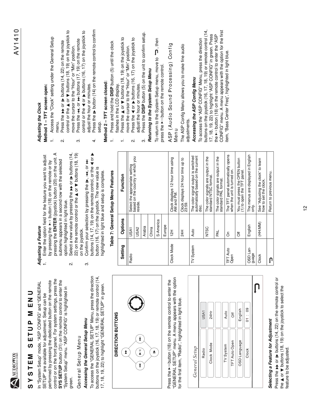 Audiovox AV1410 operation manual System Setup Menu, General Setup Menu, ASP Audio Sound Processing Config Menu 